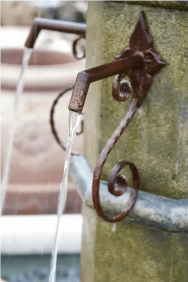 Octavius Outdoor Concrete Column Fountain – Plumbed for Pond with Rustic Spouts