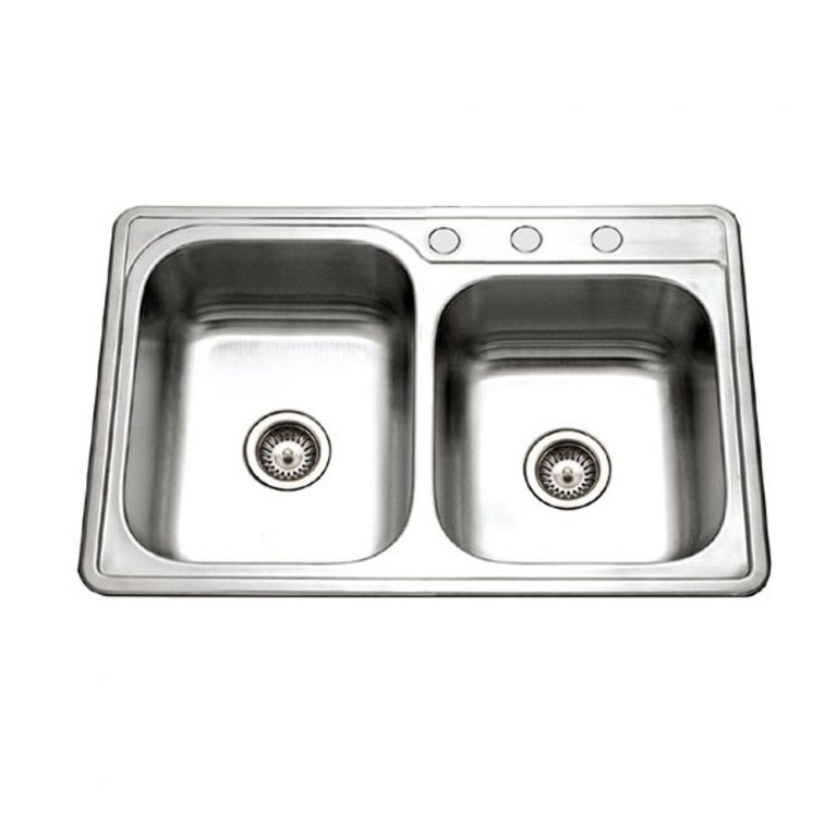 Houzer Glowtone 33" Stainless Steel Topmount 60/40 Double Bowl Kitchen Sink with Strainers & Grids