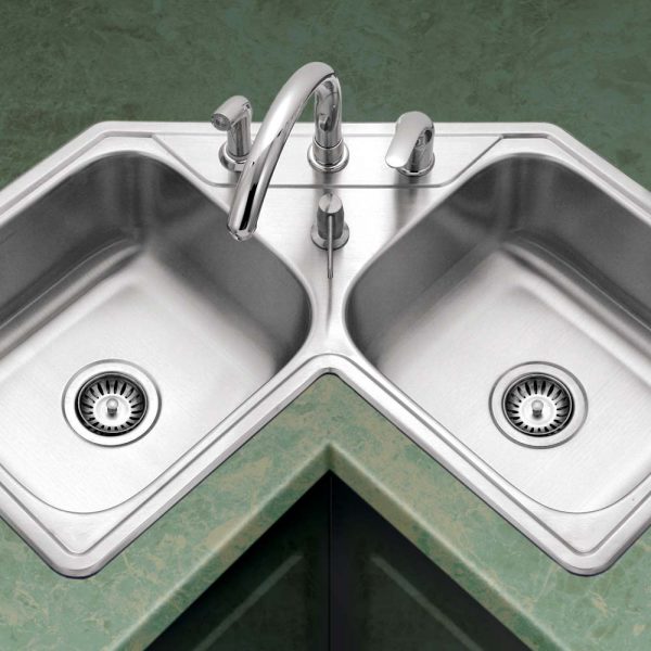 Houzer Legend 32" Stainless Steel Topmount 4-hole 50/50 Double Bowl Corner Kitchen Sink with Strainer & Grid