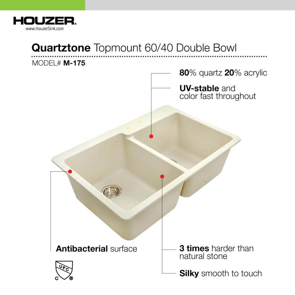 Houzer Quartztone 33 inch Granite Composite Drop-in Topmount 60/40 Double Bowl Kitchen Sink