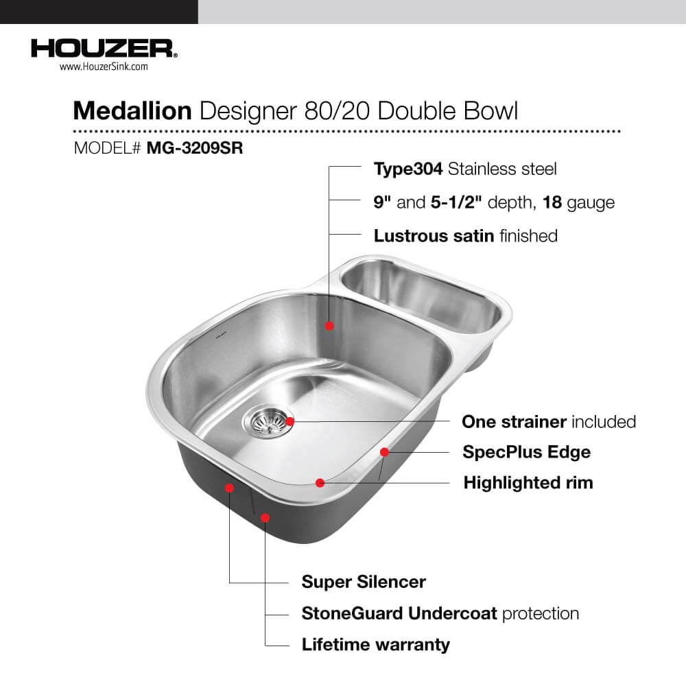 Houzer Medallion 32" Stainless Steel Undermount Double Small Bowl Kitchen Sink, Nested 20-Pack