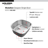 Thumbnail for Houzer Medallion Designer Series Stainless Steel Undermount Single D-Bowl Kitchen Sink – Nested 20-Pack