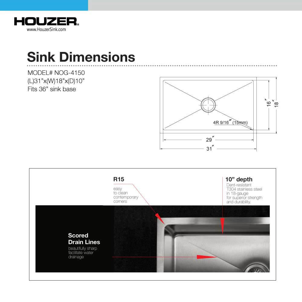 Houzer Nouvelle 31 inch Stainless Steel Undermount Single Bowl Kitchen Sink, Nested 20-Pack