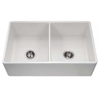 Thumbnail for Houzer Platus 33 inch White Fireclay Apron Front Farmhouse 50/50 Double Bowl Kitchen Sink with Strainer & Grids