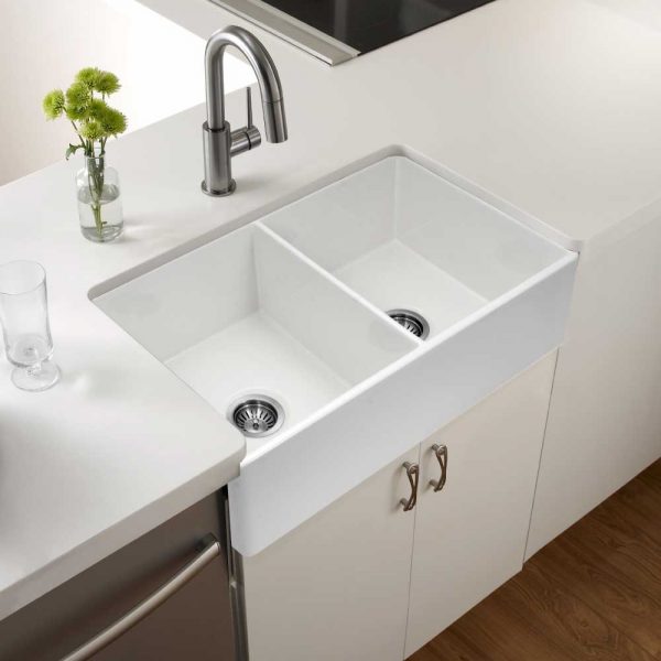 Houzer Platus 33 inch White Fireclay Apron Front Farmhouse Double Bowl Kitchen Sink