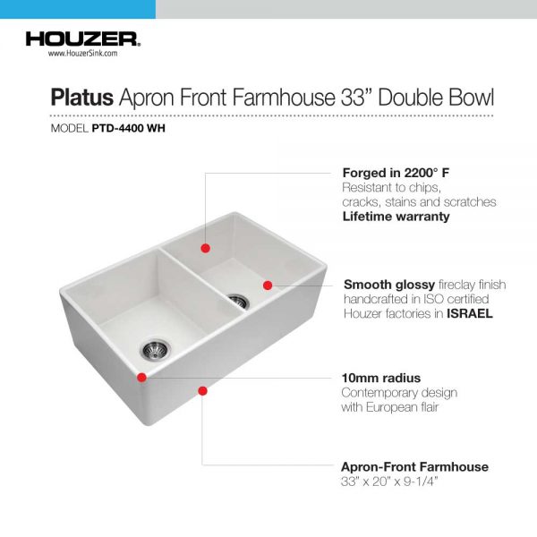 Houzer Platus 33 inch White Fireclay Apron Front Farmhouse Double Bowl Kitchen Sink
