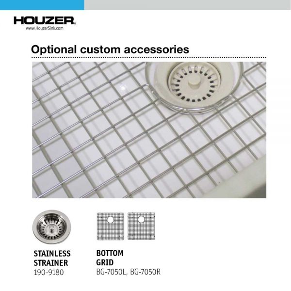 Houzer Platus 32 inch White Fireclay Apron Front Farmhouse 50/50 Double Bowl Kitchen Sink with Low Divider with Basket Strainer and Basin Grids Included