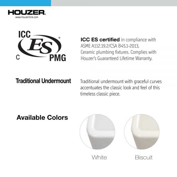 Houzer Platus 32 inch White Fireclay Apron Front Farmhouse 50/50 Double Bowl Kitchen Sink with Low Divider with Basket Strainer and Basin Grids Included