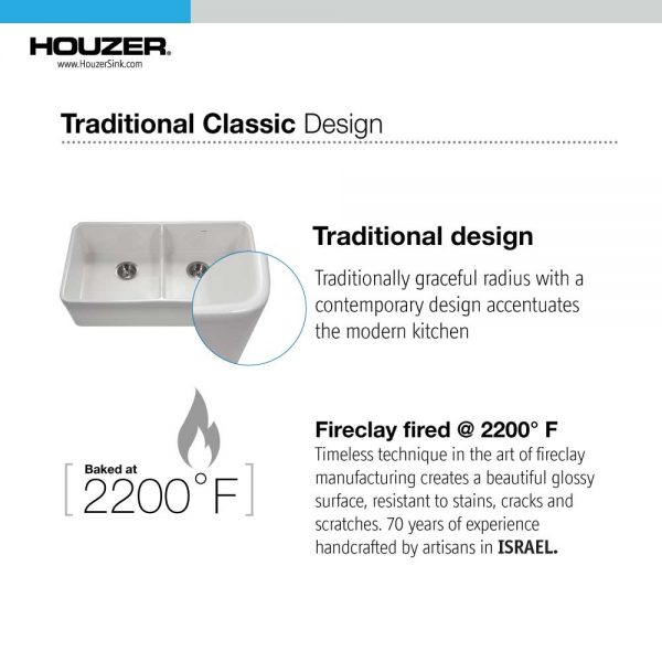 Houzer Platus 32 inch White Fireclay Apron Front Farmhouse 50/50 Double Bowl Kitchen Sink with Low Divider with Basket Strainer and Basin Grids Included