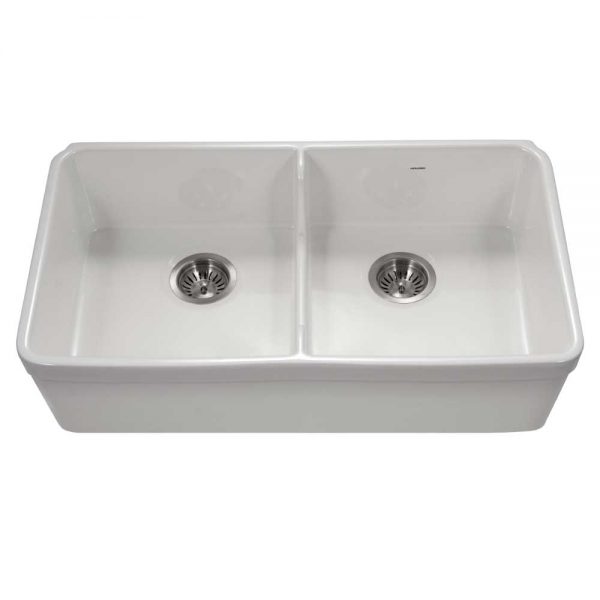 Houzer Platus 32 inch White Fireclay Apron Front Farmhouse 50/50 Double Bowl Kitchen Sink with Low Divider with Basket Strainer and Basin Grids Included