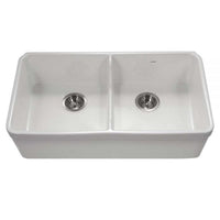Thumbnail for Houzer Platus 32 inch White Fireclay Apron Front Farmhouse 50/50 Double Bowl Kitchen Sink with Low Divider with Basket Strainer and Basin Grids Included