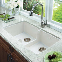 Thumbnail for Houzer Platus 32 inch White Fireclay Apron Front Farmhouse 50/50 Double Bowl Kitchen Sink with Low Divider with Basket Strainer and Basin Grids Included