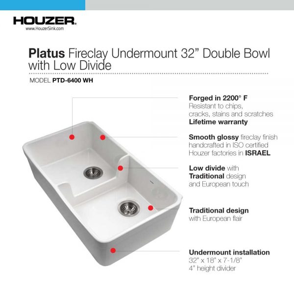 Houzer Platus 32 inch White Fireclay Apron Front Farmhouse 50/50 Double Bowl Kitchen Sink with Low Divider with Basket Strainer and Basin Grids Included