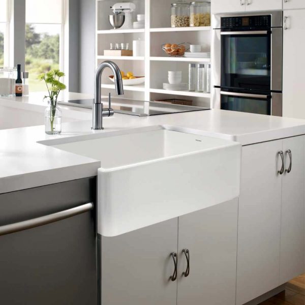Houzer Platus White Fireclay Apron Front Farmhouse Single Bowl Kitchen Sink
