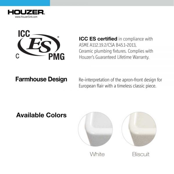 Houzer Platus White Fireclay Apron Front Farmhouse Single Bowl Kitchen Sink with Basket Strainer and Basin Grid Included