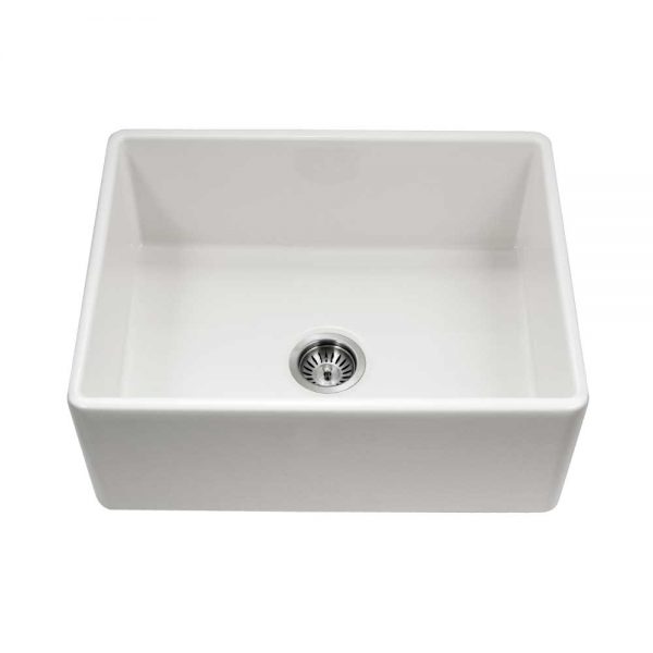 Houzer Platus White Fireclay Apron Front Farmhouse Single Bowl Kitchen Sink with Basket Strainer and Basin Grid Included