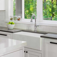 Thumbnail for Houzer Platus White Fireclay Apron Front Farmhouse Single Bowl Kitchen Sink with Basket Strainer and Basin Grid Included