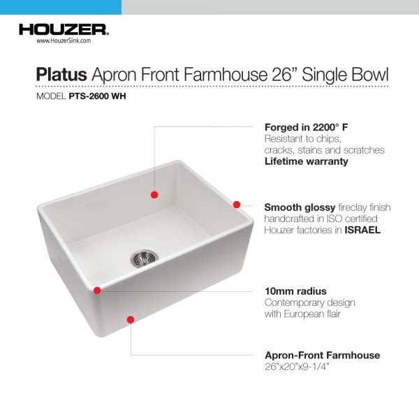Houzer Platus White Fireclay Apron Front Farmhouse Single Bowl Kitchen Sink with Basket Strainer and Basin Grid Included