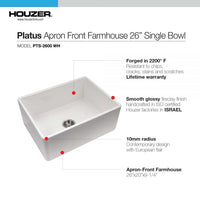 Thumbnail for Houzer Platus White Fireclay Apron Front Farmhouse Single Bowl Kitchen Sink with Basket Strainer and Basin Grid Included