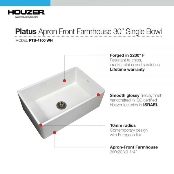 Houzer Platus White Fireclay Apron Front Farmhouse Single Bowl Kitchen Sink with Strainer & Grid