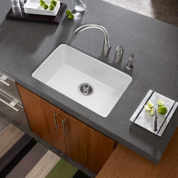 Houzer Platus 24 inch White Fireclay Undermount Single Bowl Kitchen Sink with Strainer & Grid