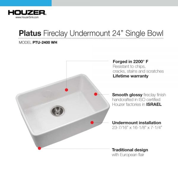 Houzer Platus 24 inch White Fireclay Undermount Single Bowl Kitchen Sink with Strainer & Grid