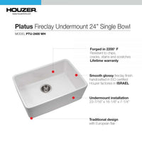 Thumbnail for Houzer Platus 24 inch White Fireclay Undermount Single Bowl Kitchen Sink with Strainer & Grid