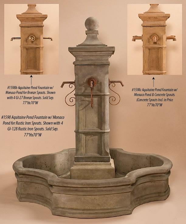 Aquitaine Pond Outdoor Cast Stone Garden Fountain W/ 70" Monaco Pond For Spouts Fountain Tuscan 