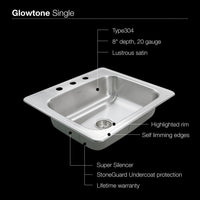 Thumbnail for Houzer Glowtone Series Topmount Stainless Steel Kitchen Sink, 8-Inch Deep Kitchen Sink - Topmount Houzer 