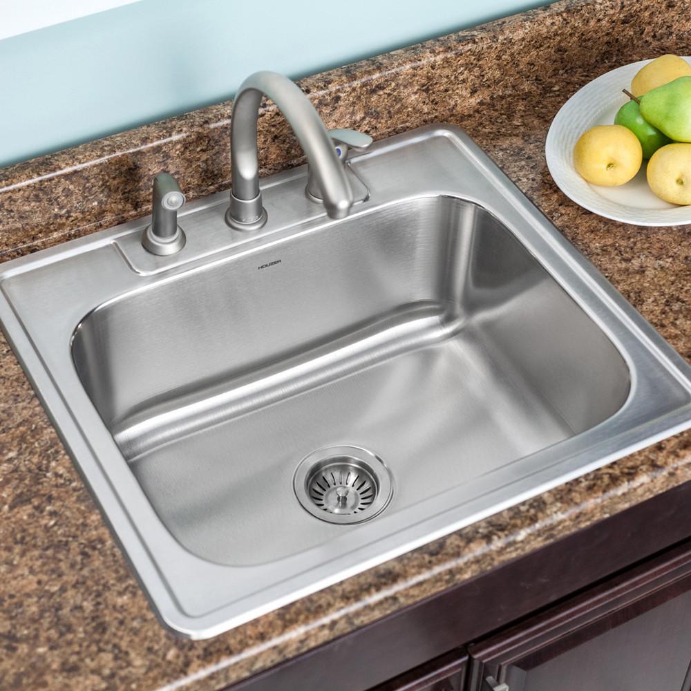 Houzer 2522-9BS3-1 Glowtone Series Topmount Stainless Steel 9-Inch Deep Kitchen Sink - Topmount Houzer 