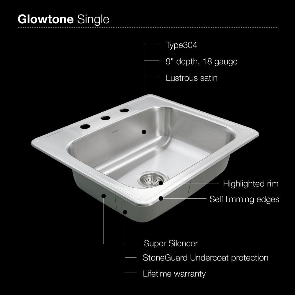 Houzer 2522-9BS3-1 Glowtone Series Topmount Stainless Steel 9-Inch Deep Kitchen Sink - Topmount Houzer 