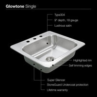 Thumbnail for Houzer 2522-9BS3-1 Glowtone Series Topmount Stainless Steel 9-Inch Deep Kitchen Sink - Topmount Houzer 