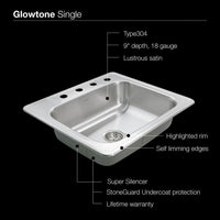 Thumbnail for Houzer 2522-9BS4-1 Glowtone Series Topmount Stainless Steel 9-Inch Deep Kitchen Sink - Topmount Houzer 