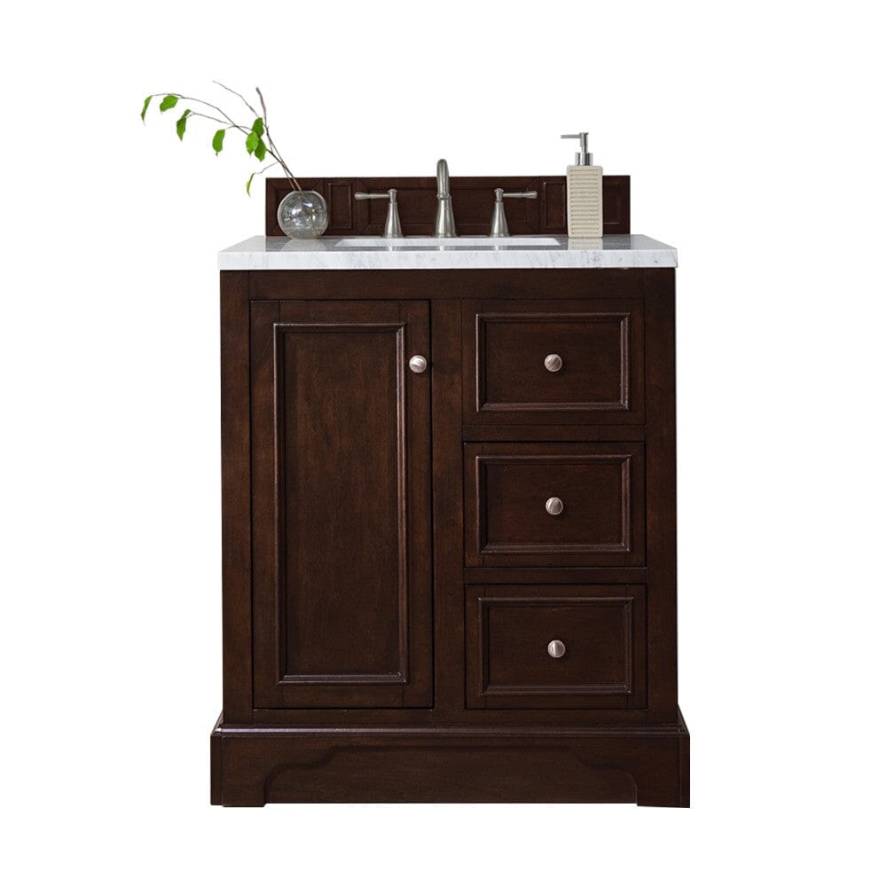 James Martin De Soto 30" Single Vanity Vanity James Martin Burnished Mahogany w/ 3 CM Arctic Fall Solid Surface Top 