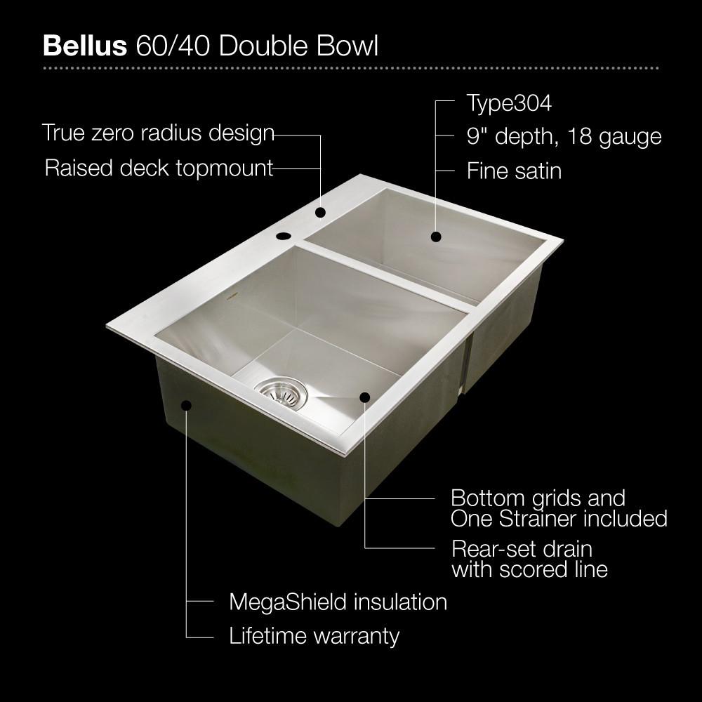 Houzer Bellus Series Zero Radius Topmount Stainless Steel 1-Hole 50/50 Double Bowl Kitchen Sink Kitchen Sink - Topmount Houzer 