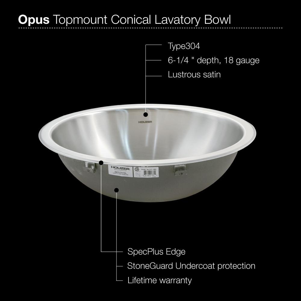 Houzer CRT-1620-1 Opus Conical Topmount Stainless Steel Bowl Lavatory Sink Bathroom Sink - Topmount Houzer 