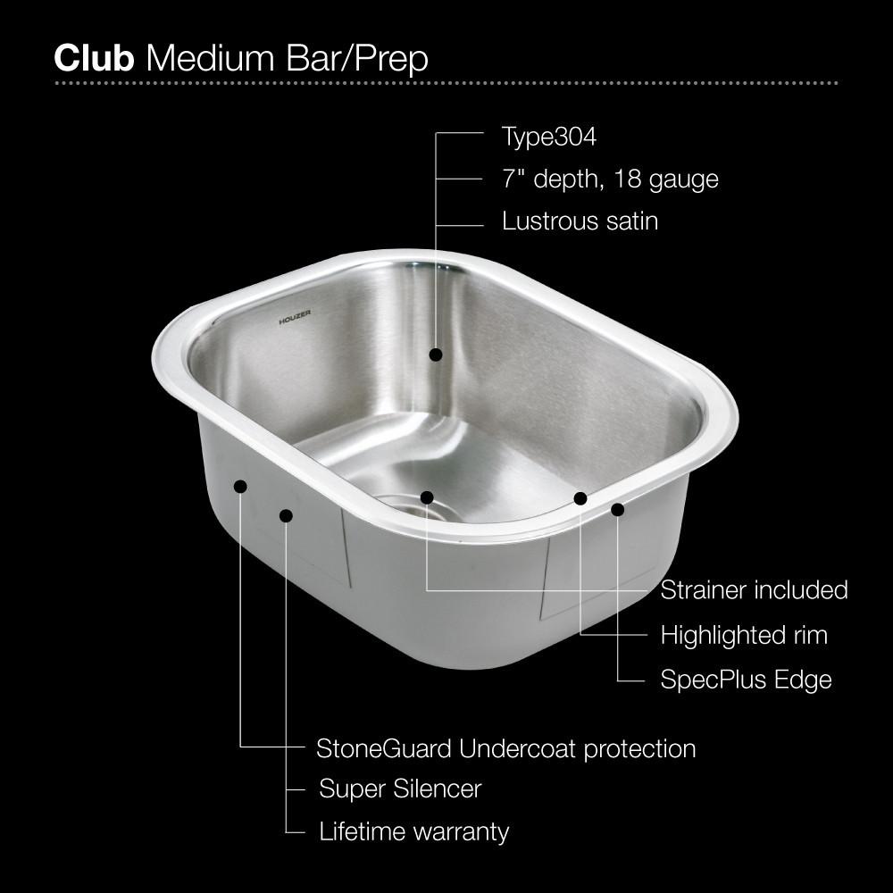 Houzer CS-1407-1 Club Series Undermount Medium Bowl Bar/Prep Sink Bar Sink - Undermount Houzer 