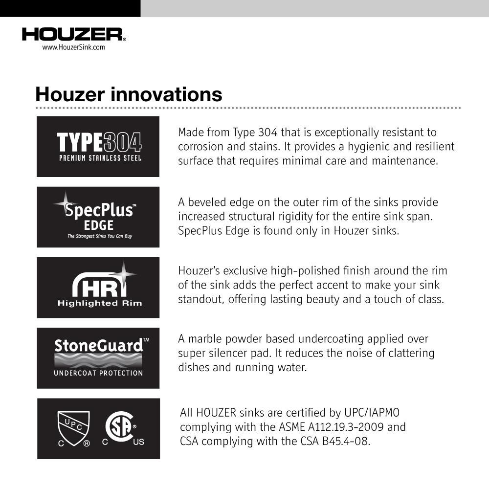 Houzer CS-1407-1 Club Series Undermount Medium Bowl Bar/Prep Sink Bar Sink - Undermount Houzer 