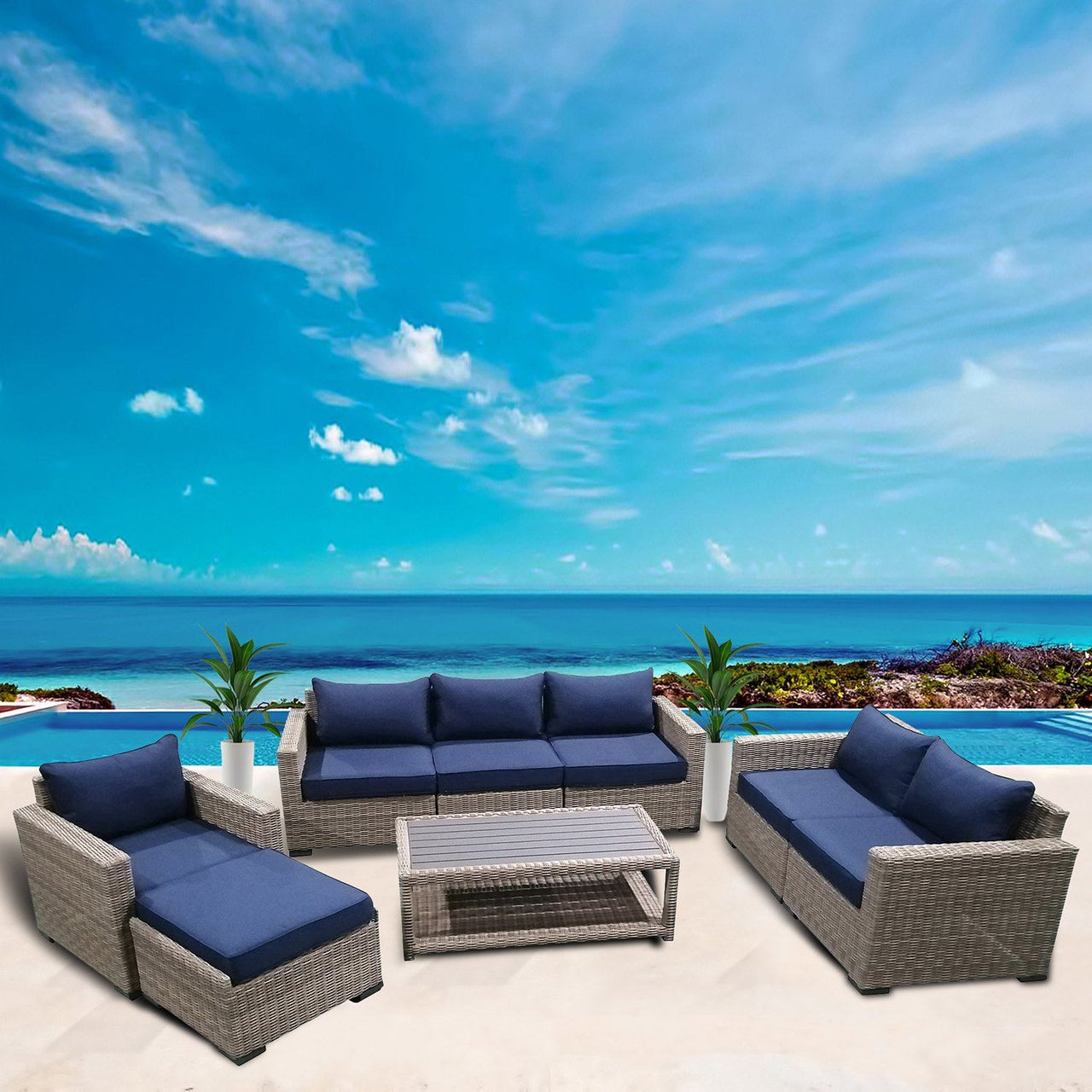 8-Piece Outdoor Pation Funiture Set Wicker Rattan Sectional Sofa Couch with Coffee Table Outdoor Furniture Casual Inc. 