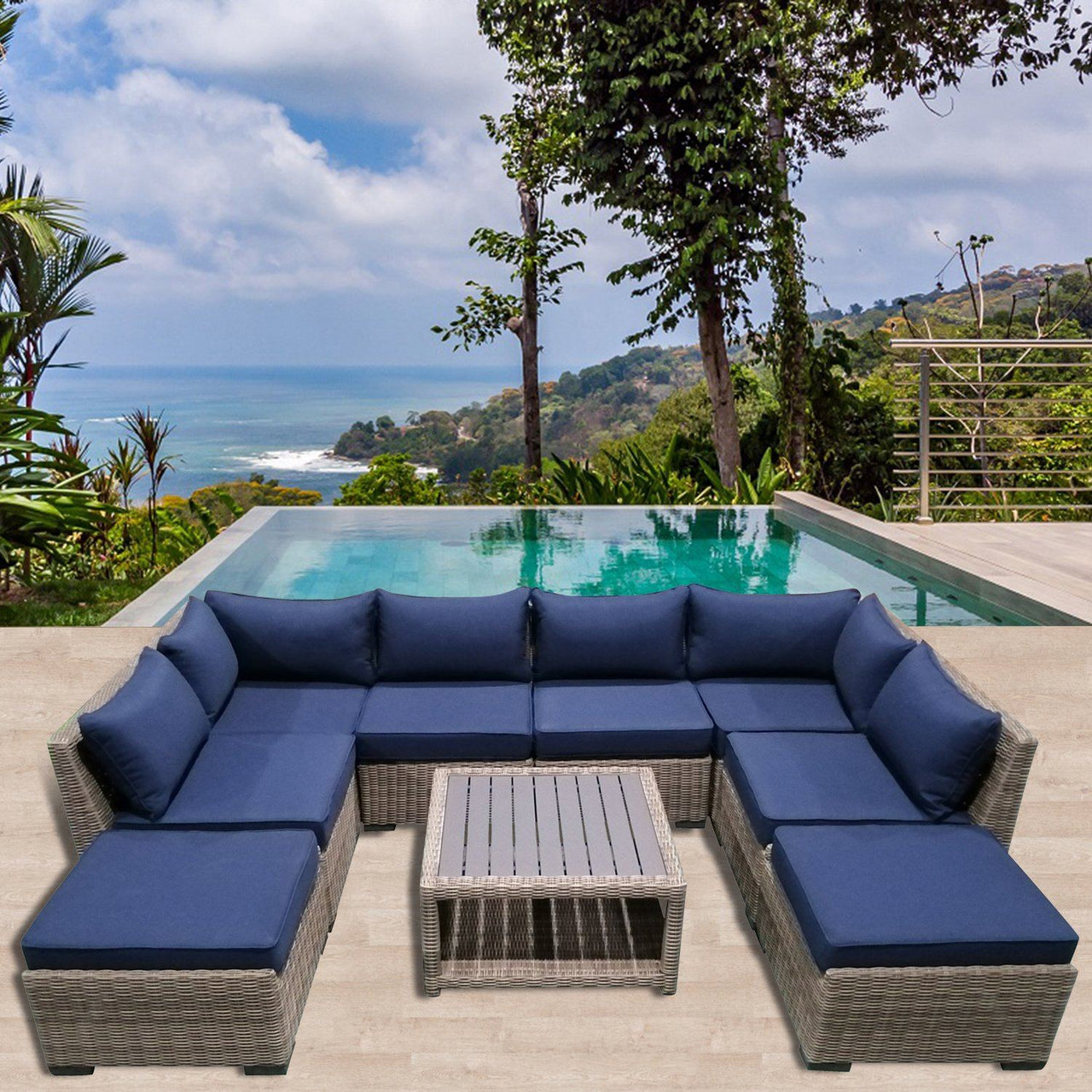 9-Piece Outdoor Pation Funiture Set Wicker Rattan Sectional Sofa Couch with Coffee Table Outdoor Furniture Casual Inc. 