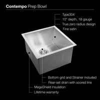 Thumbnail for Houzer CTR-1700 Contempo Series Undermount Stainless Steel Bowl Bar/Prep Sink Bar Sink - Undermount Houzer 