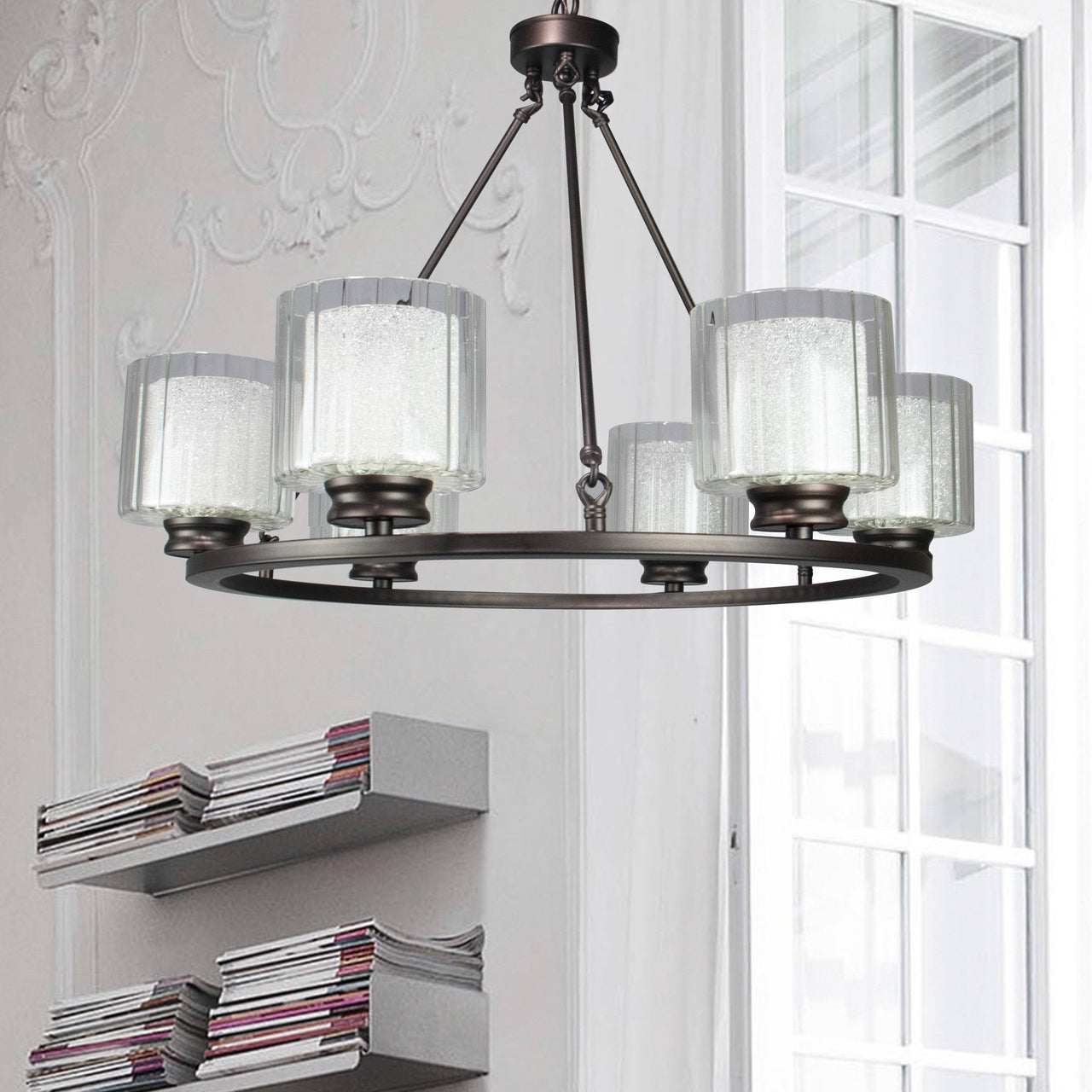 Fremont 6 Bulb Wagon Wheel Light Fixture with Glass Shades, Elegant Overhead Lighting for Foyer, Living and Dining Room, or Home Entryways, Dimmable Option Desk Lamps Canyon Home 