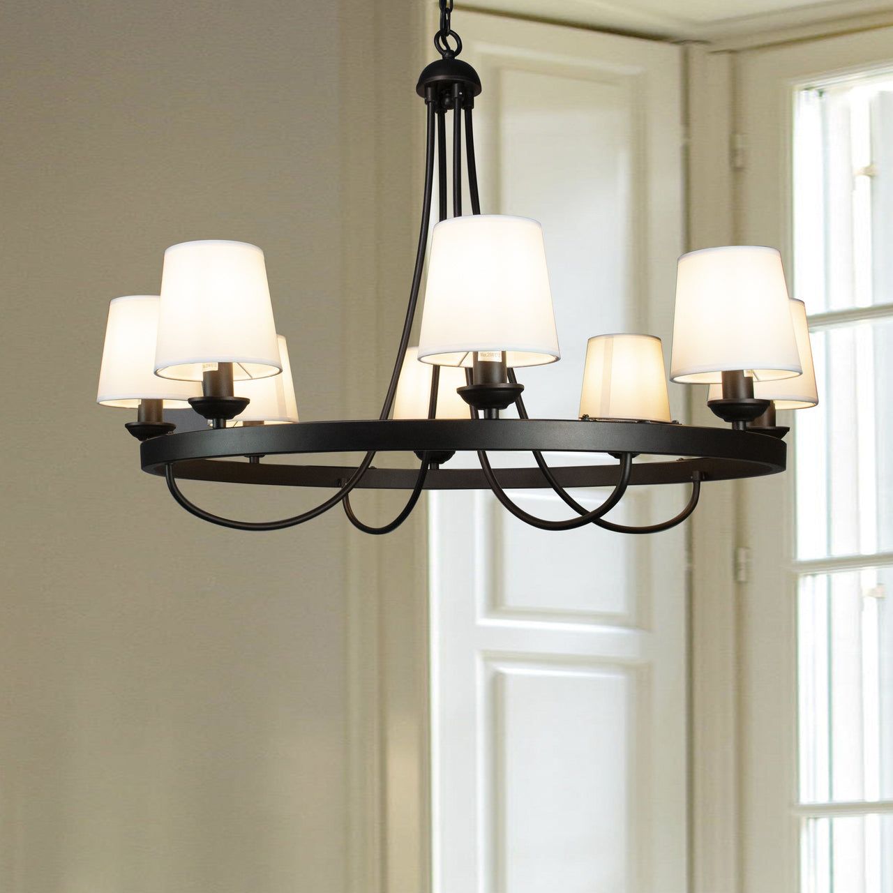 Baden Rustic Wagon Wheel Light Fixture with 8 Bulb and White Fabric Shades, Overhead Lighting with Vintage Black Frame for Foyer, Home, Living or Dining Room Chandeliers Canyon Home 