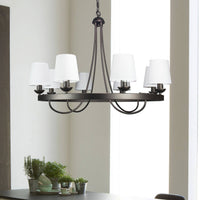 Thumbnail for Baden Rustic Wagon Wheel Light Fixture with 8 Bulb and White Fabric Shades, Overhead Lighting with Vintage Black Frame for Foyer, Home, Living or Dining Room Chandeliers Canyon Home 