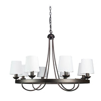 Thumbnail for Baden Rustic Wagon Wheel Light Fixture with 8 Bulb and White Fabric Shades, Overhead Lighting with Vintage Black Frame for Foyer, Home, Living or Dining Room Chandeliers Canyon Home 