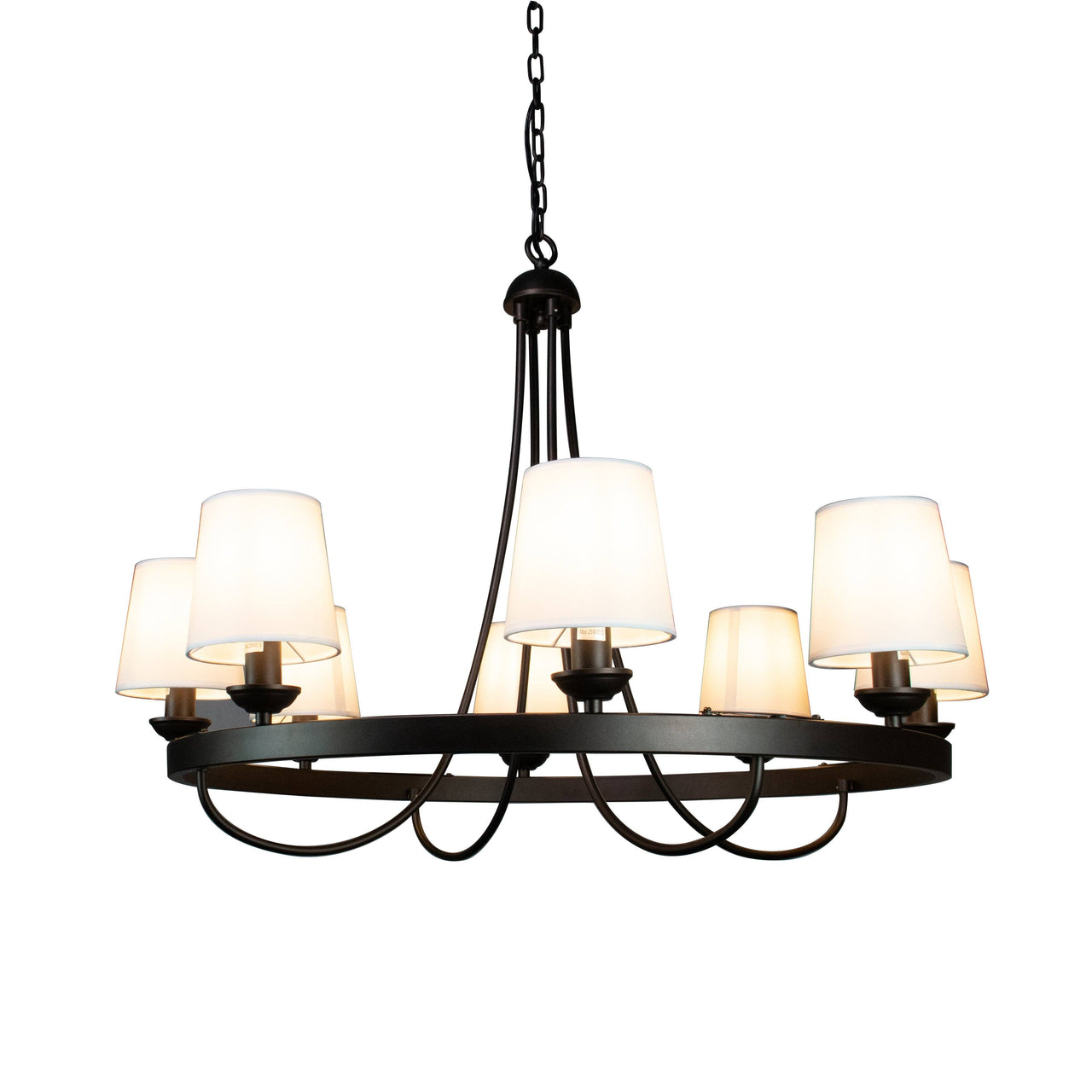 Baden Rustic Wagon Wheel Light Fixture with 8 Bulb and White Fabric Shades, Overhead Lighting with Vintage Black Frame for Foyer, Home, Living or Dining Room Chandeliers Canyon Home 