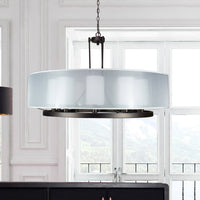 Thumbnail for Fresno Modern Drum Chandelier Overhead Light Fixture with 10 Light Bulb Support and White Fabric Shade, Beautiful Hanging Lighting for Foyer, Living or Dining Room Use Chandeliers Canyon Home 