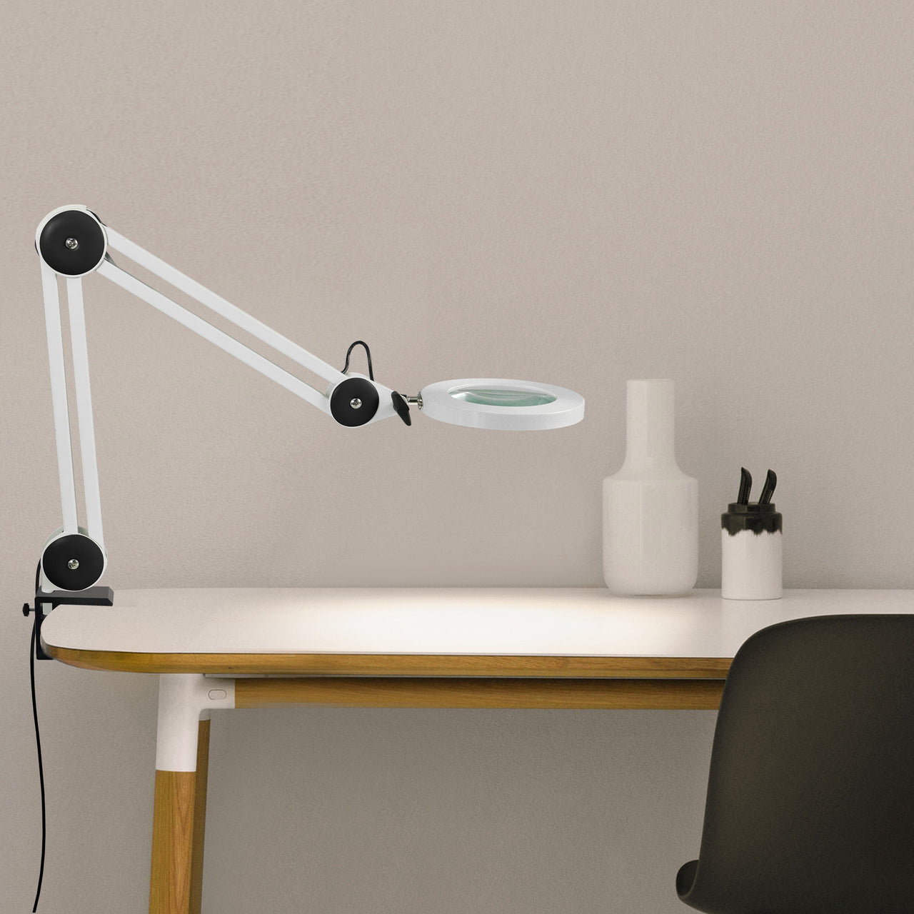 Connie LED Desk Light with Magnifier, White, Adjustable Arm Length with Enhanced Visual Magnification, Dimmable Ring Lighting for Home, Office, Crafting or Hobby Use Desk Lamps Canyon Home 