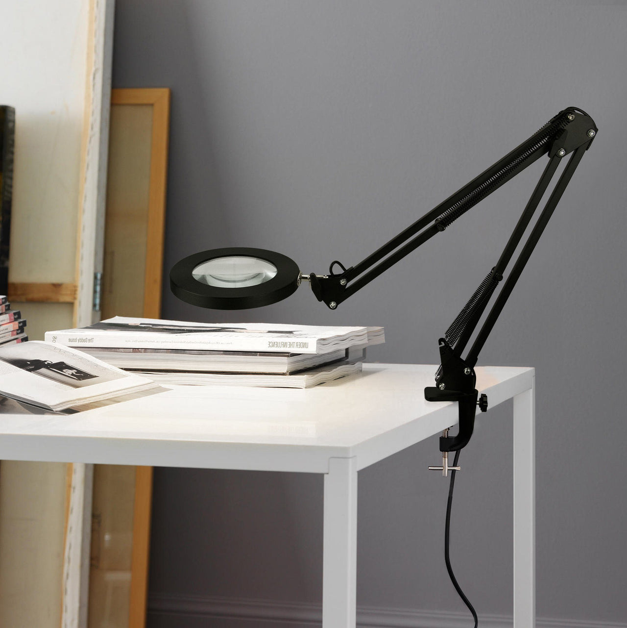 Dahl Magnifier LED Desk Light, Black, Long Adjustable Arm with Enhanced Glass Magnification, Dimmable Ring Lighting for Office, Hobby, Home, or Personal Crafting Desk Lamps Canyon Home 