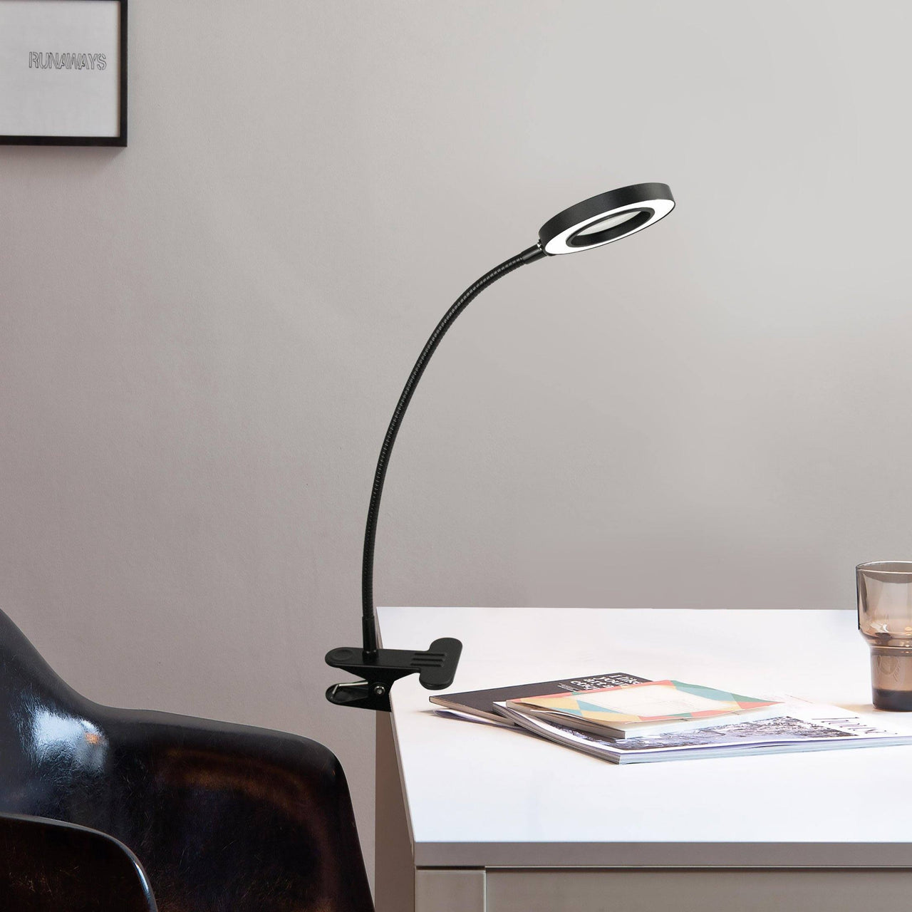 Elden Flexible LED Desk Light with Magnifier, Black, Adjustable Desktop Lamp with Dimmable Brightness, Home, Office or Hobby Collecting Use, Strong Quick Clip Base Desk Lamps Canyon Home 